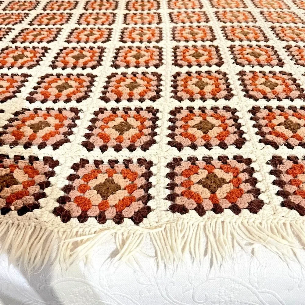 VTG Handmade Afghan Granny Square Crochet Retro Earth Tones-Boho Style w/ Fringe